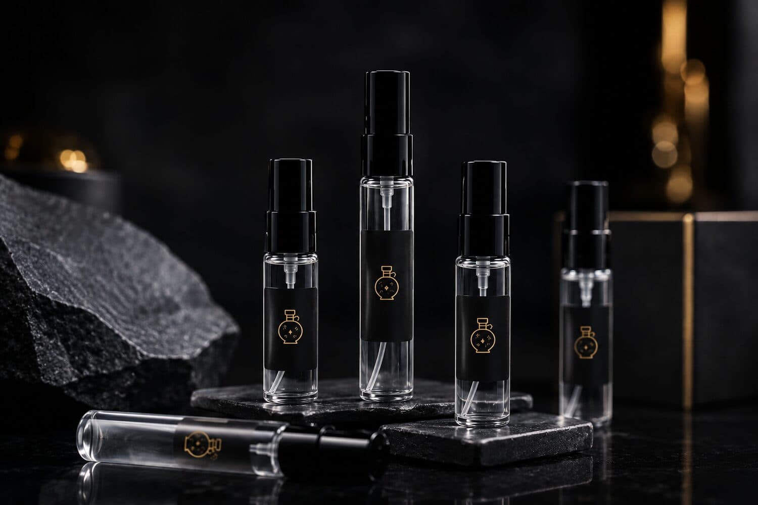 Decants da Decantarium em atomizadores, com o selo da marca